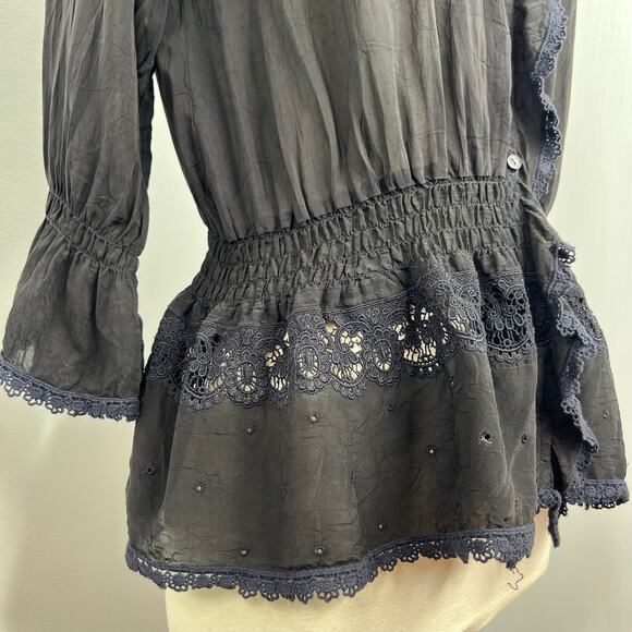 JohnnyWas Women's Sheer Blouse Black Lace Ruffle Neckline Button Down Size Small - Picture 7 of 16